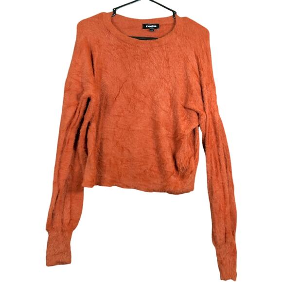 Express Womens Sweater Orange Crew Neck Long Sleeve Nylon Soft Feather Small - Picture 1 of 12